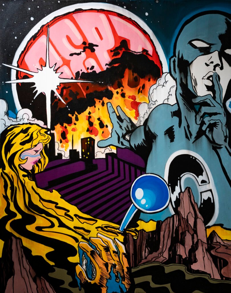 CEPT Art Style: Inside His Visual World Tutto Rocks Passa, a contemporary pop art painting featuring comic-style figures, a burning city, a red planet and surreal imagery.